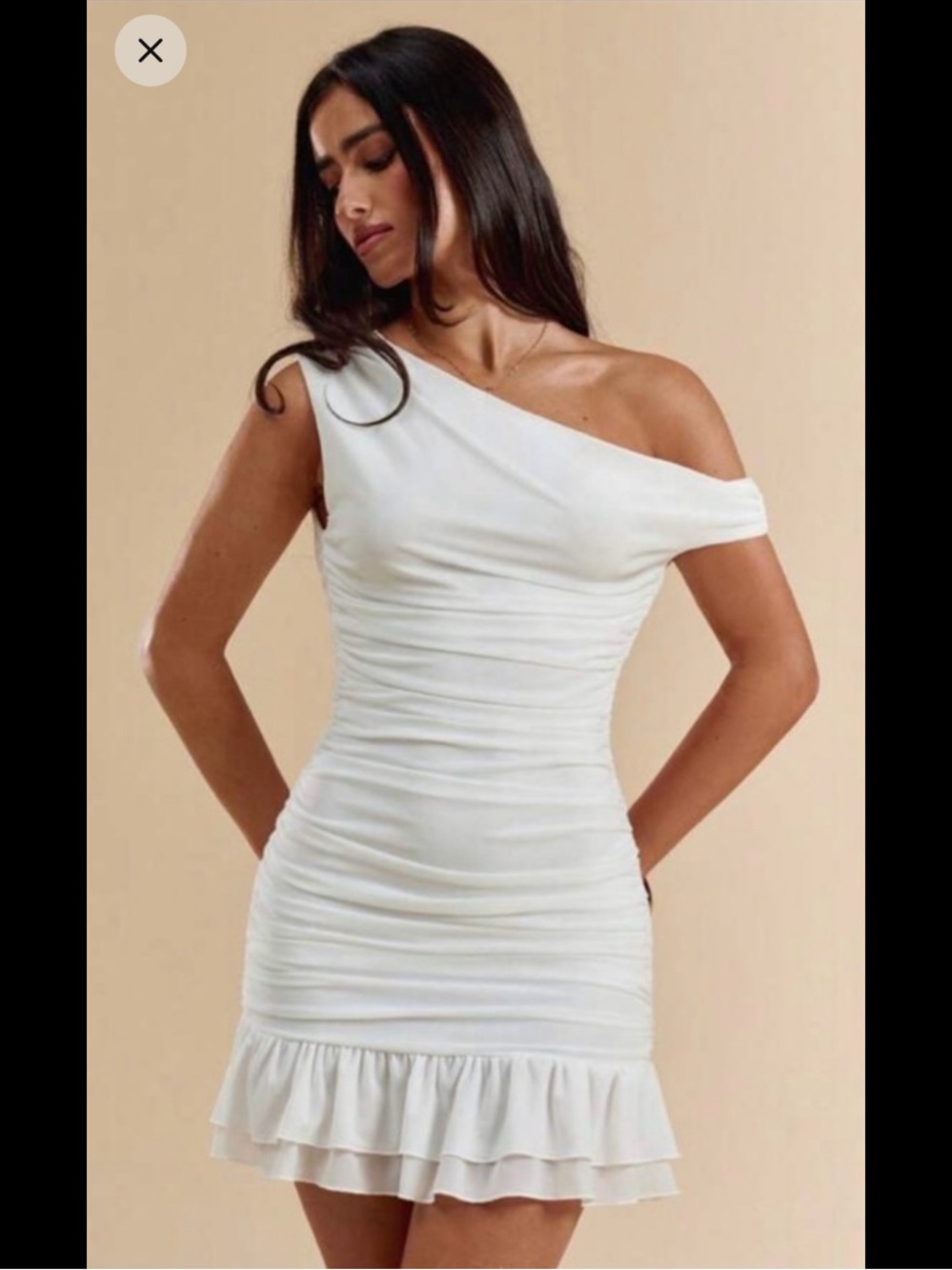 One-Shoulder White Ruched Ruffle Hem Dress